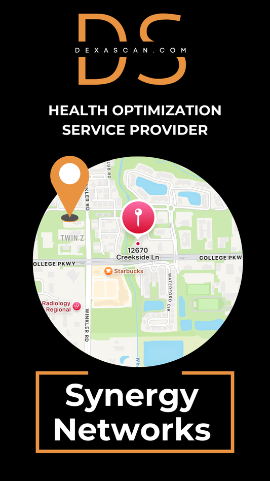 Black and orange dexascan.com logo with a map of Fort Myers Florida and Synergy Networks.