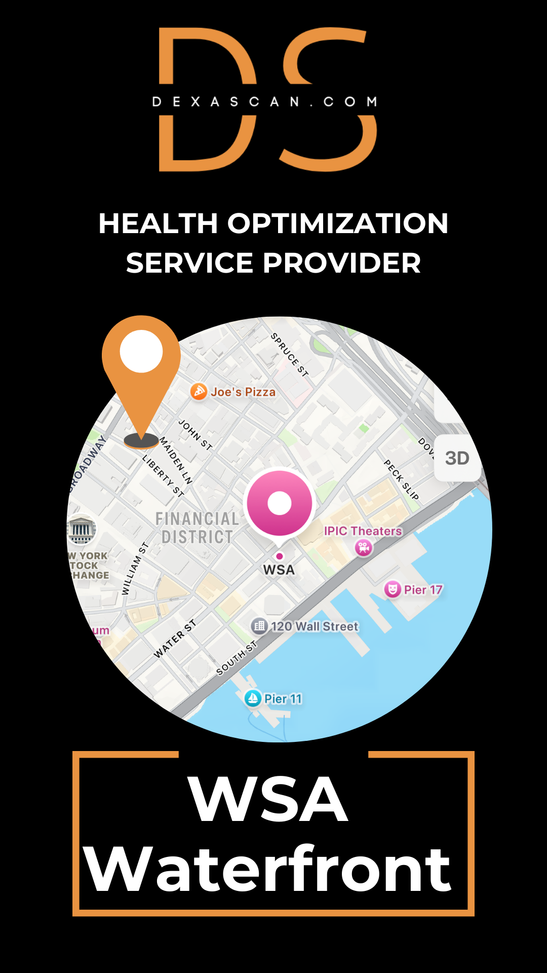black and orange dexascan logo with a map of New York City and WSA Waterfront for DEXA Body Scan