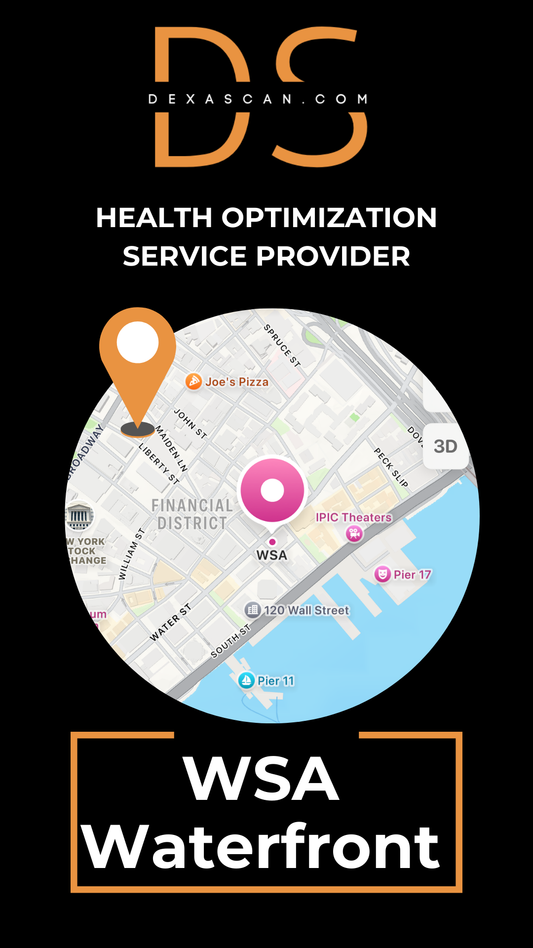 black and orange dexascan logo with a map of New York City and WSA Waterfront for DEXA Body Scan