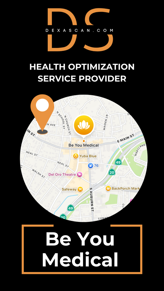Black and orange dexascan.com logo with a map of Grass Valley California for a dexa scan for health optimization