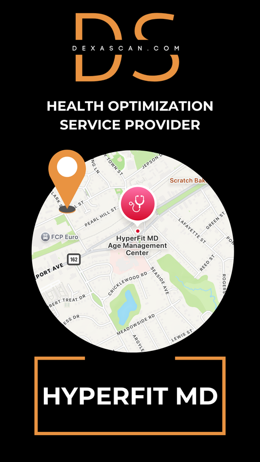 Black and orange DEXASCAN.COM with a map to HyperFit MD Age Management medical practice in Milford Connecticut