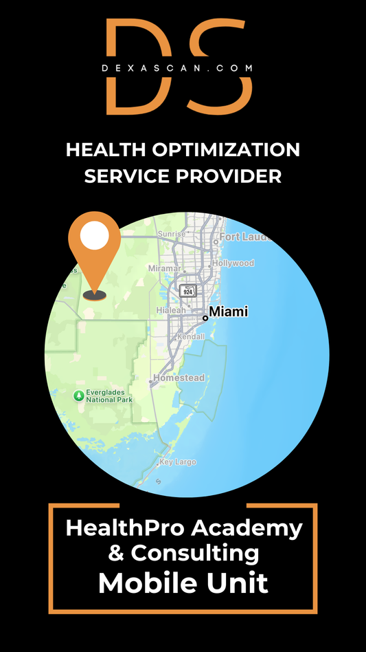 A Black and orange DXA Scan logo with a map of Miami Florida showing the location of HealthPro Academy and consulting for DEXA SCAN